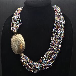 Colorful Layered Seed Bead Necklace with Hammered Silver Tone Pendant